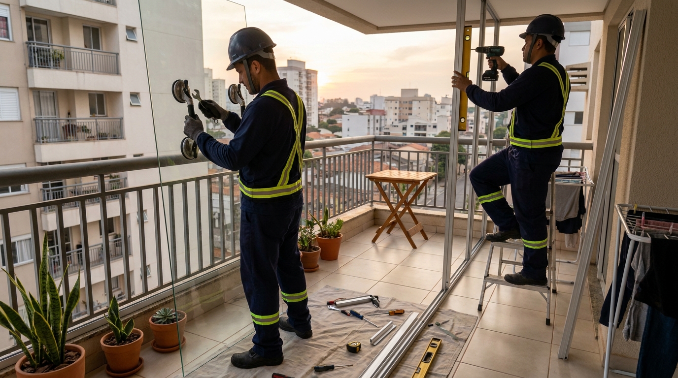 Instalação de parede de vidro em sacada em Jaraguá do Sul-SC