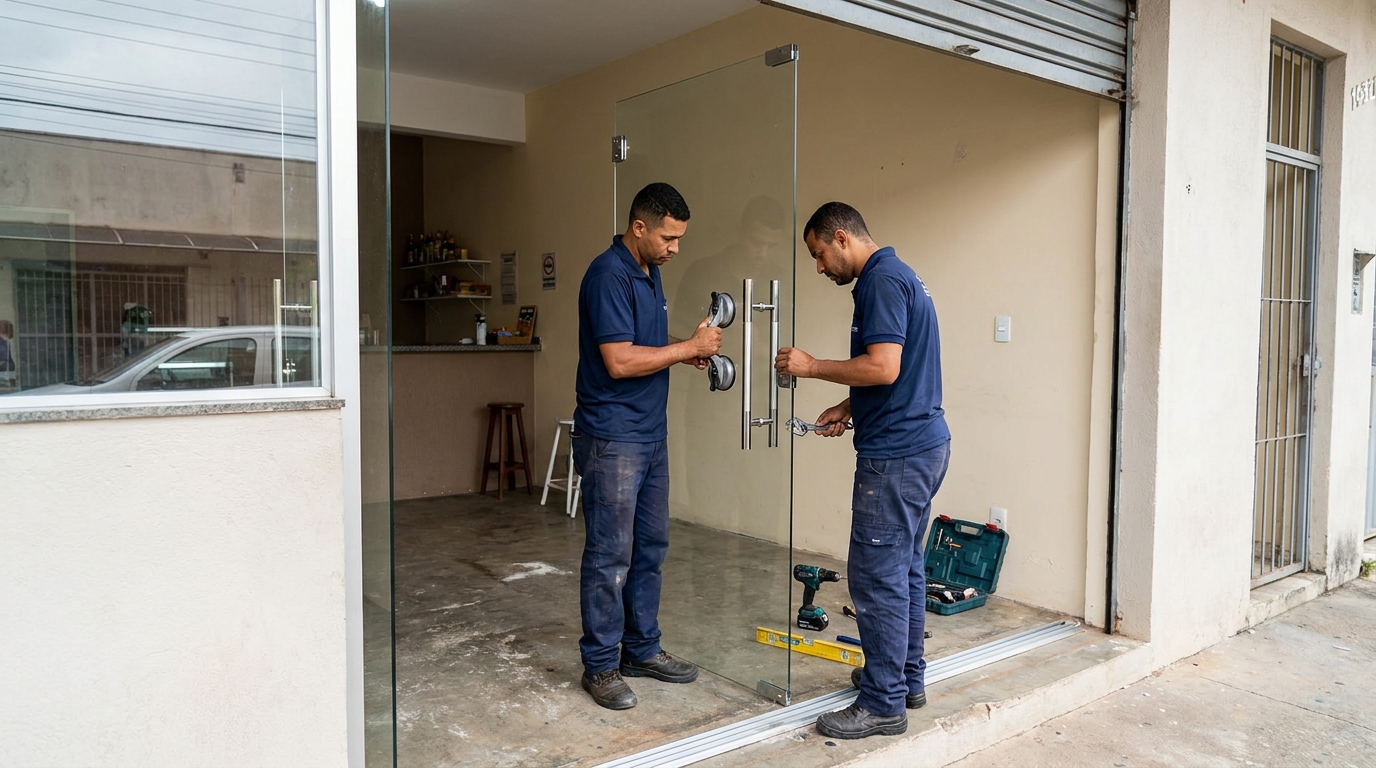 Dupla instalando porta de vidro em loja em Jaraguá do Sul-SC